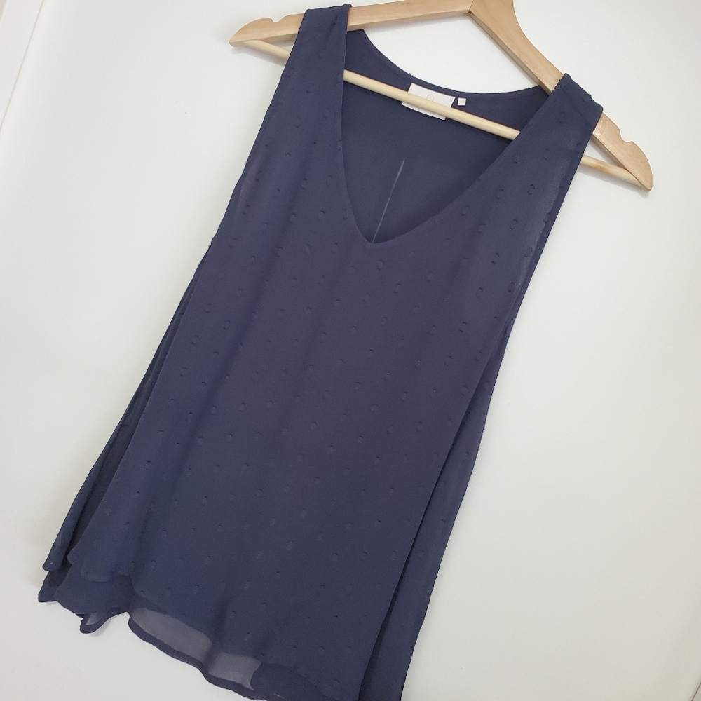 Kaffe Medium Fanny Top Sheer Polka Dot Sleeveless Shirt Flowy Blouse Navy V-neck